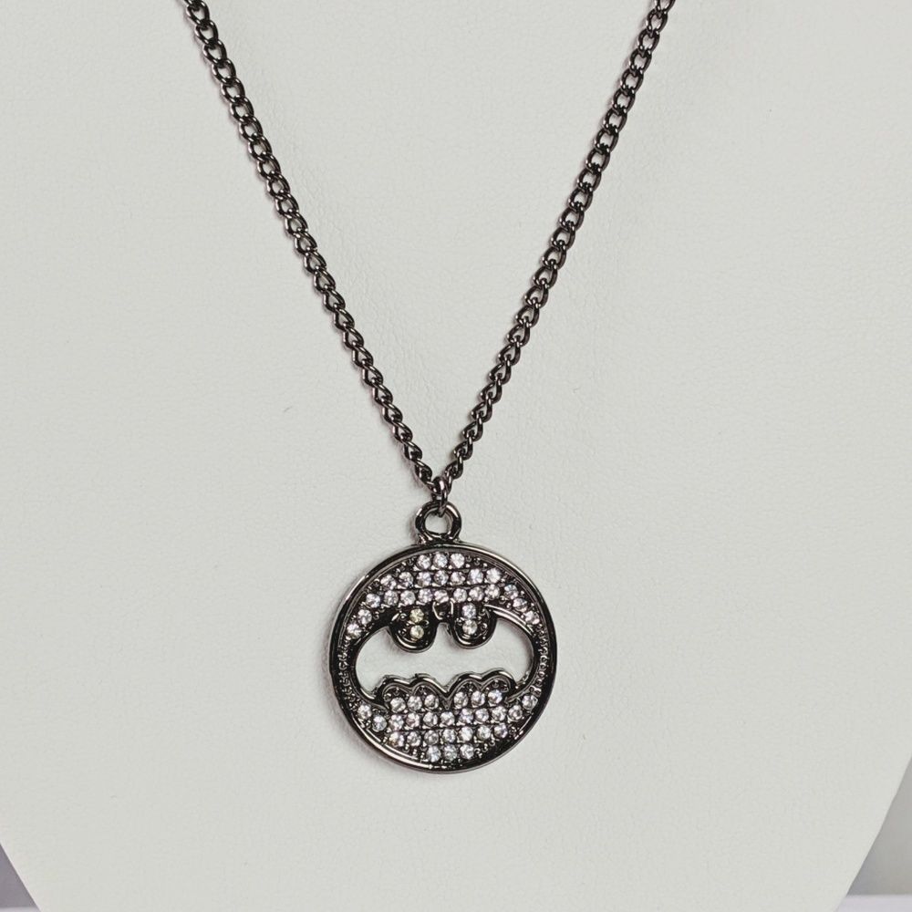 Rhinestone Batman Symbol Silver Tone Necklace